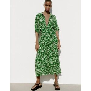 Zara Womens Size Medium Elora Dress Women's Green Abstract Midi Shirt Dress